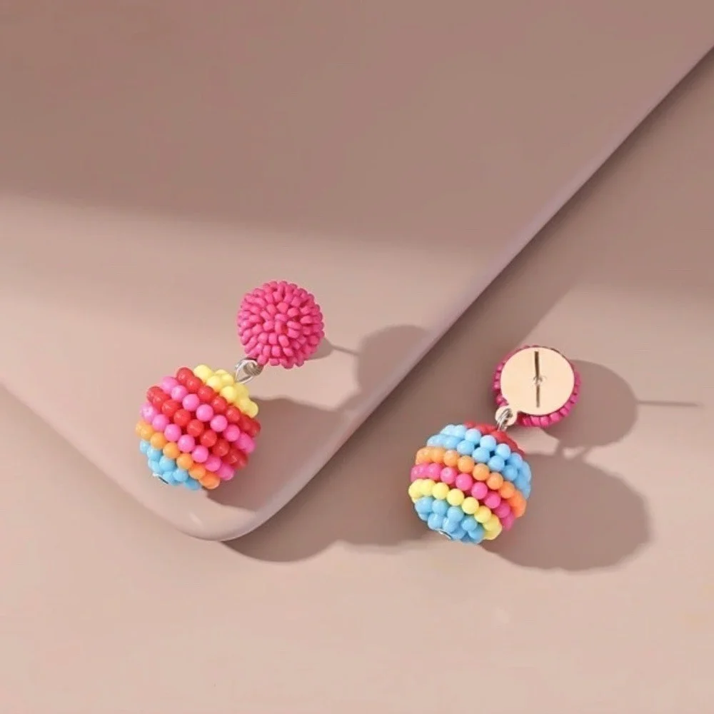 Colorful‎ Beaded Ball Drop Earrings Multicolor Rainbow Festival Boho Vacation